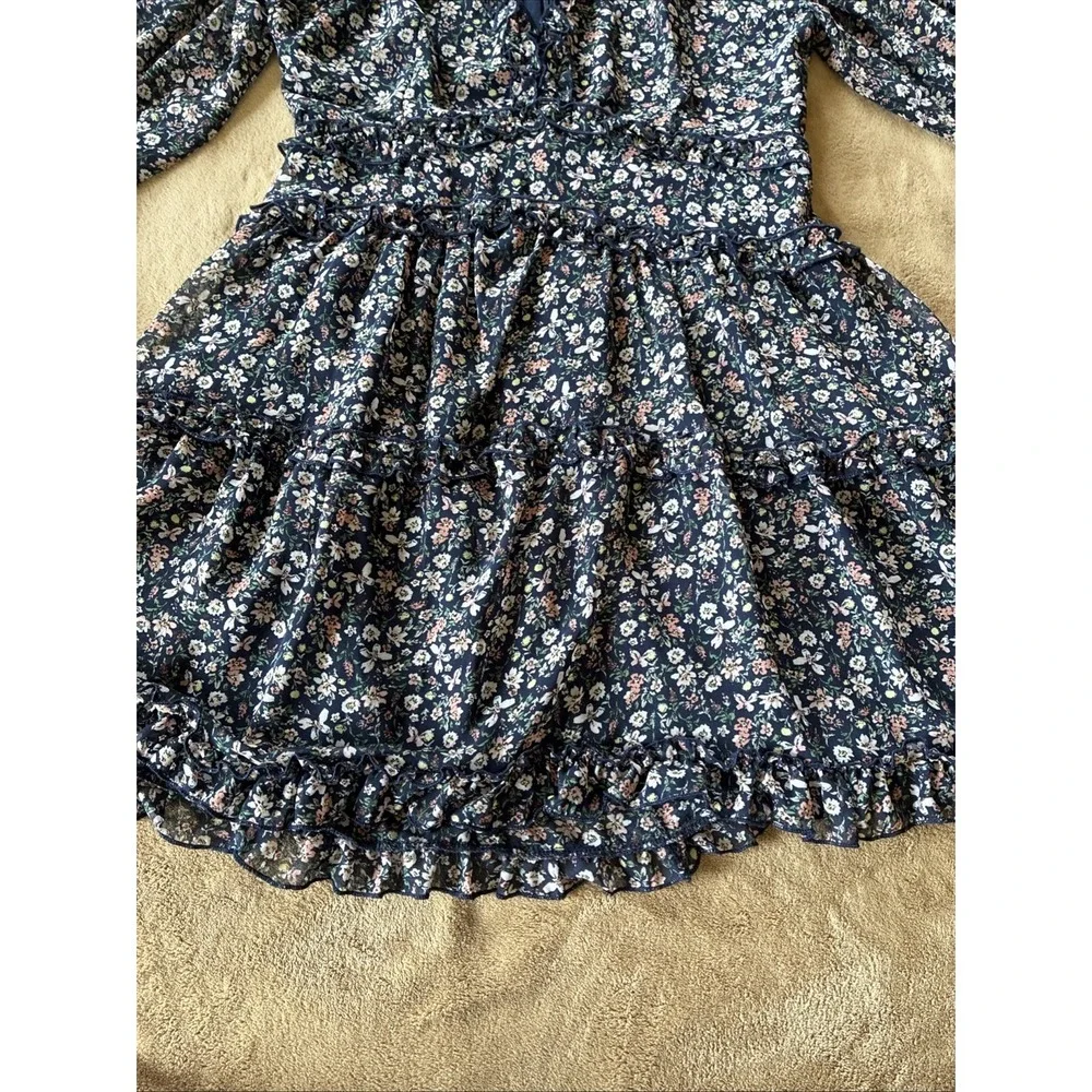 Women's Dress Size 8 Navy Floral Print Tiered Ruffles Cottagecore Romantic‎ Boho